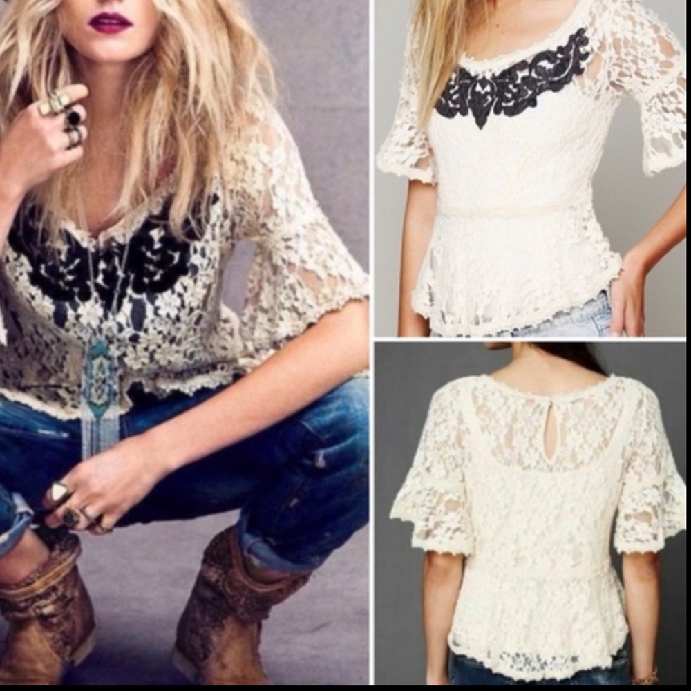 Free People Cream Lace Embroidered Sheer Peplum Top Bell Sleeves Boho Size M